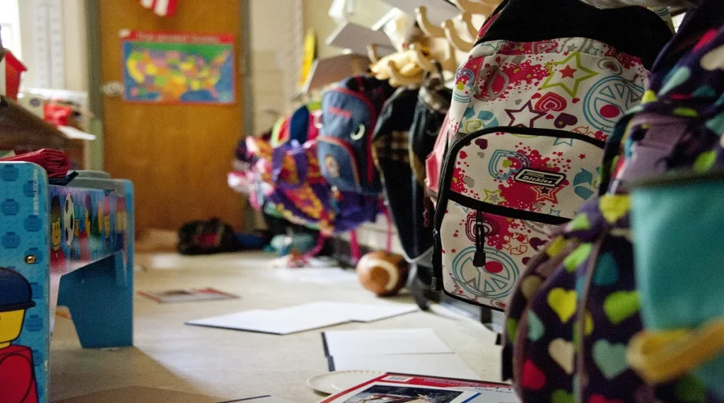 School organization setup to help children pack school bags more independently