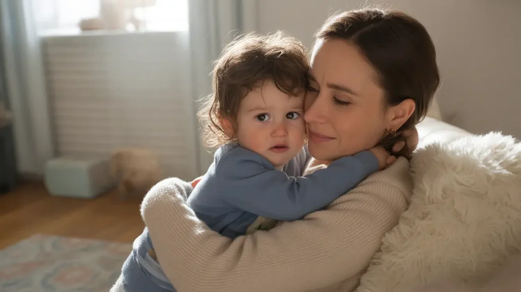 Toddler showing emotional milestones in early childhood by seeking comfort from a parent