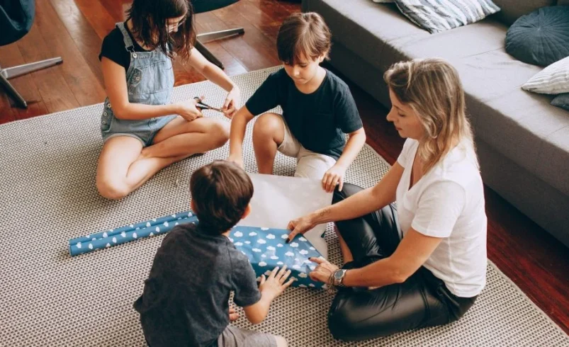 Family spending a calm wind-down hour together at home in the evening