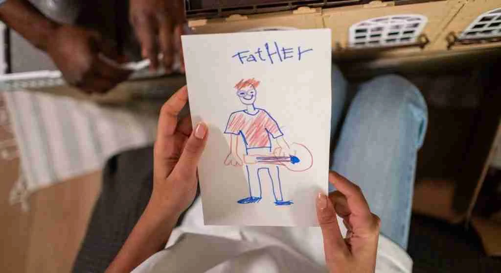 Repeated child drawings forming a continuing visual story