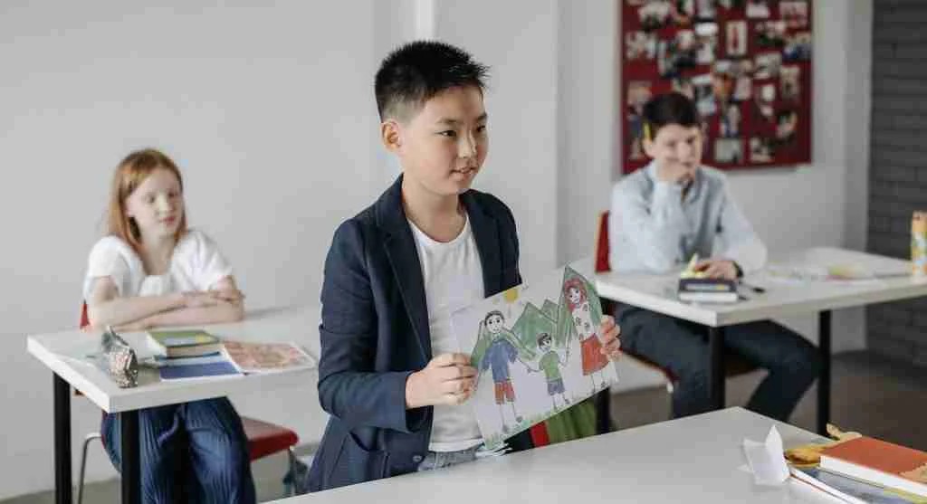 Child rehearsing how to use a poster during a school presentation