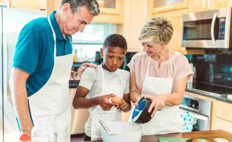 Family participating in a skill-swap afternoon at home